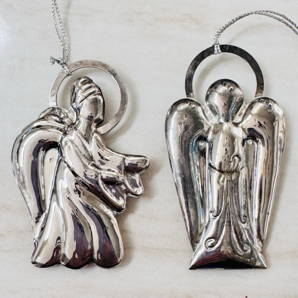 Vintage Silver Tone Angel Ornaments Set of 2 Christmas Embossed Metal Hanging